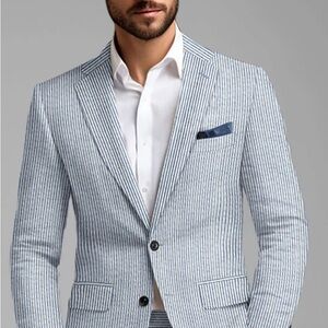Men's Blue & White Pinstriped Seersucker Blazer - Lightweight Summer Sport Coat